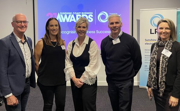 Sunshine Coast Business Awards head of judges Bruce Williams, 2019 winner Naomi Campbell from Concepts Lab, Awards chair Jennifer Swaine with sponsors LPEs Damien Glanville and Sunshine Coast Councils Mandy Day - photo by Reflected Image PR