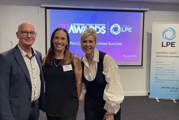 Sunshine Coast Business Awards head of judges Bruce Williams, 2019 winner Naomi Campbell from Concepts Lab and Awards chair Jennifer Swaine - photo by Reflected Image PR