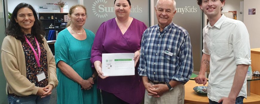 2. BF FRRR Back to School grants presentation - Buderim Foundation's David Wood (second from right) presents vouchers to SunnyKids Alex Comino, Kym Chomley, Kathleen Hope (from left) and Riley Golden (on right)