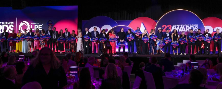 2023 Sunshine Coast Business Awards - Business of the Year - All Winners on stage -20231111 SCBA-306