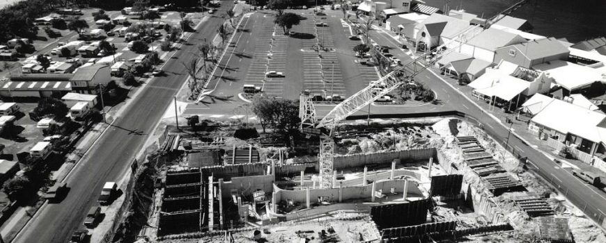 Aquarium contruction with the wharf in backgroun on the right