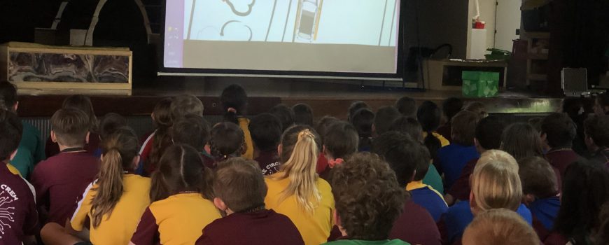 BMSS year 5 and 6 students watching the Drop Zone Road Safety video