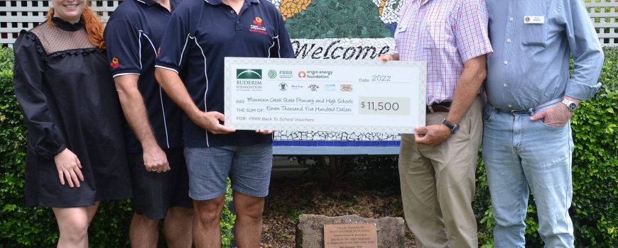 BWMCA's Teale Ring (left) with Buderim Foundation's Charilie Morris and Buderim Lions' Brian McBride (right) present cheque for vouchers to Mountain Creek chaplains Stuart Cran & Anthony Pulford