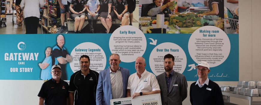 Gateway Care's Quinton Litchfield, & Lani Refiti, Buderim Foundation chairman Rick Woods, Gateway Care managing director Tom Lew and Buderim Foundation's Chris Rigby, & Ian Butler
