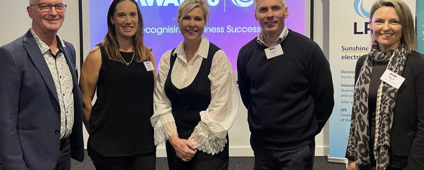 Sunshine Coast Business Awards head of judges Bruce Williams, 2019 winner Naomi Campbell from Concepts Lab, Awards chair Jennifer Swaine with sponsors LPEs Damien Glanville and Sunshine Coast Councils Mandy Day - photo by Reflected Image PR