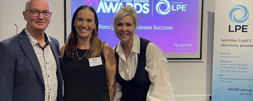 Sunshine Coast Business Awards head of judges Bruce Williams, 2019 winner Naomi Campbell from Concepts Lab and Awards chair Jennifer Swaine - photo by Reflected Image PR