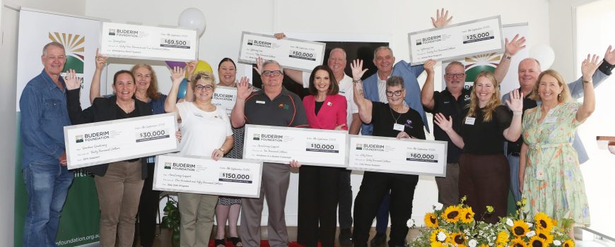 The Buderim Foundation Thompson Charitable Fund recipients with Buderim Foundation's Rick Woods and Sunshine Coast Mayor Rosanna Natoli and the Thompson family cheer 1